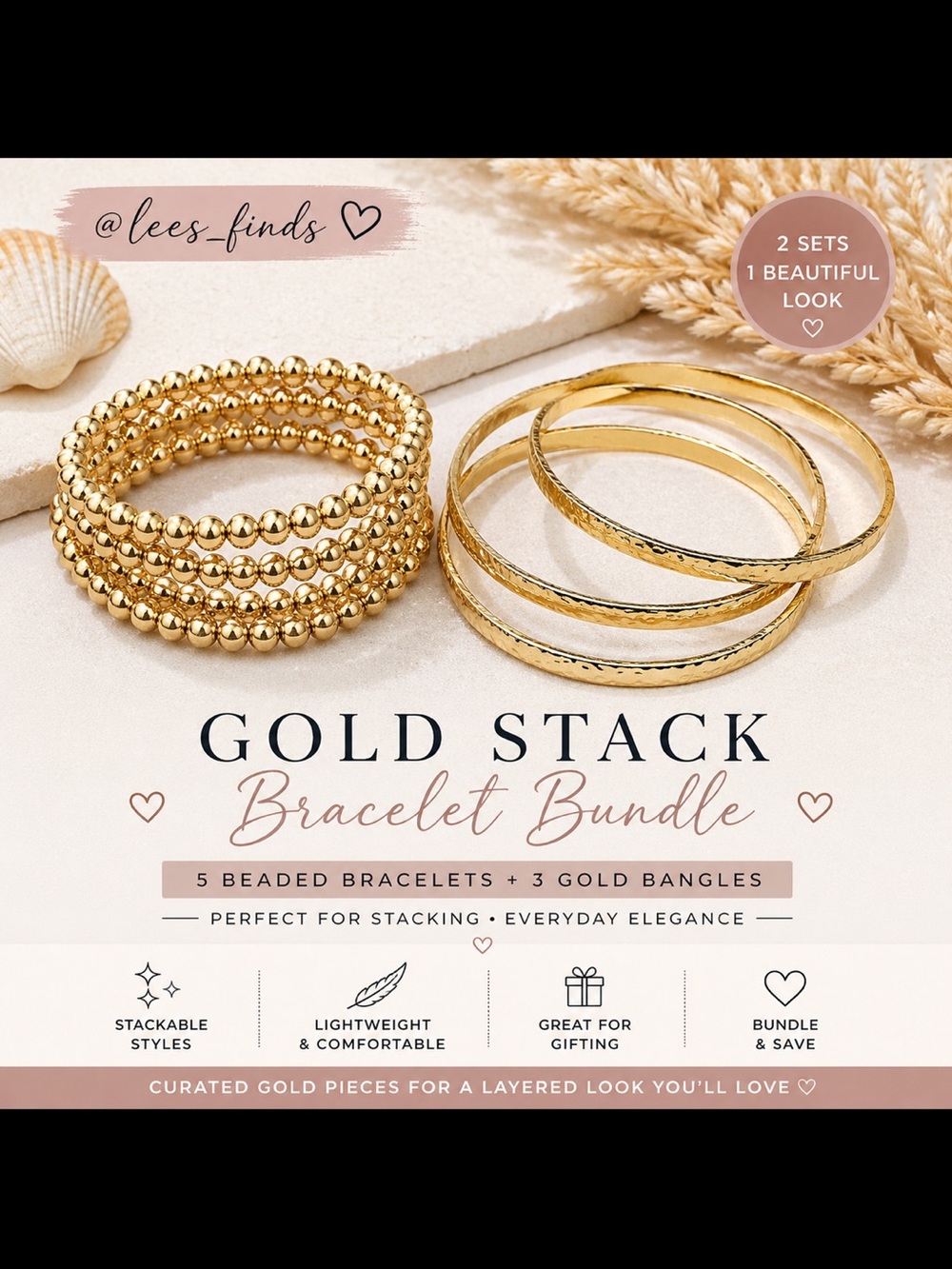 Gold Stack Bracelet Bundle | Beaded Stretch Bracelets & Faux Gold Bangles